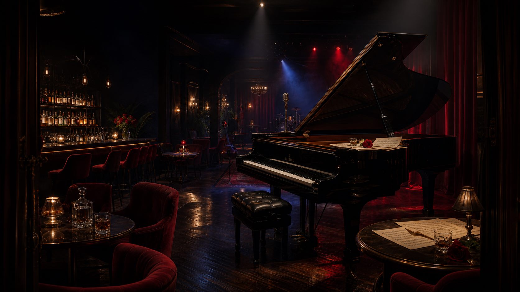 Interior cinematográfico de Casa Teresa con piano de cola, barra, mesas y escenario